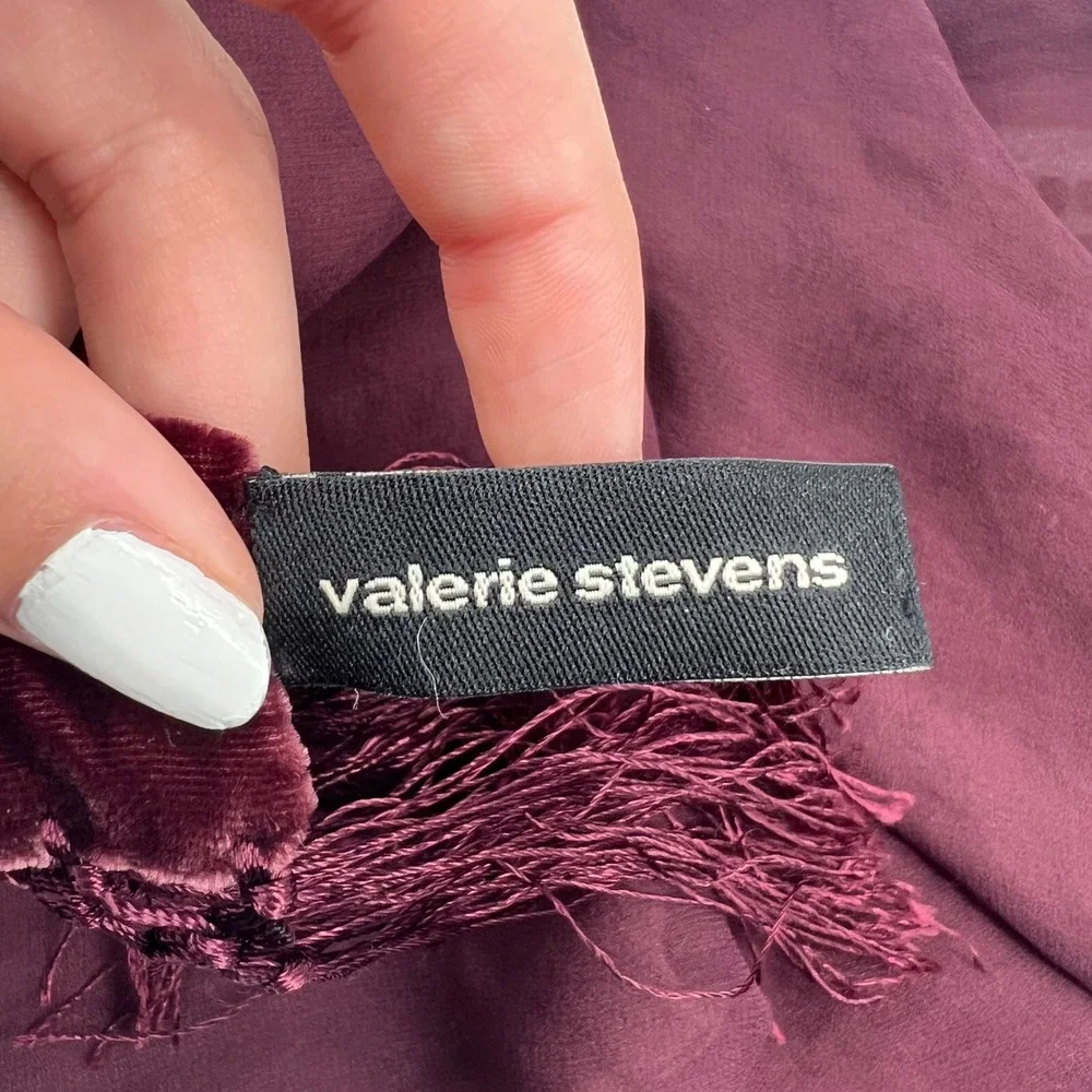 Valerie Stevens Velvet Burnout Scarf Burgundy Silk Damask Fringe Wrap Whimsigoth
